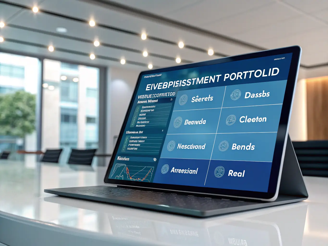 A visual representation of a diverse investment portfolio, including stocks, bonds, and real estate, displayed on a digital interface, symbolizing wealth management.
