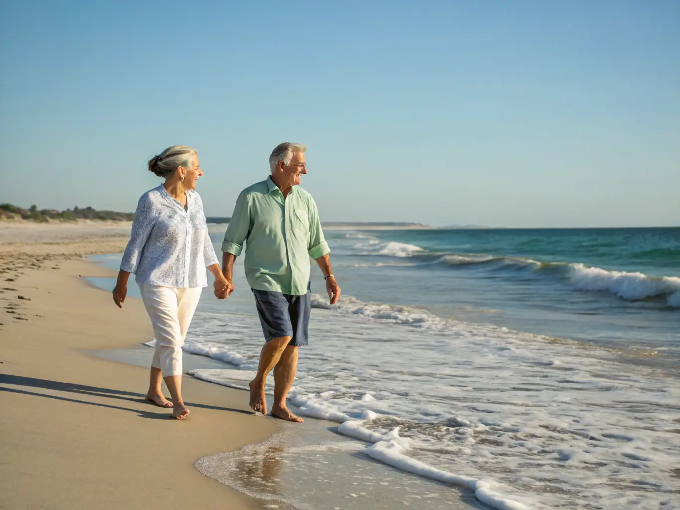 A senior couple happily enjoying their retirement, walking on a beach at sunset, symbolizing a secure and fulfilling retirement planned with Wealth Sorted.