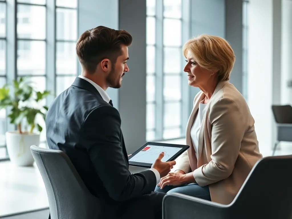 A financial advisor meeting with a client, discussing retirement plans and investment options in a modern office setting, representing Wealth Sorted's client-focused service.