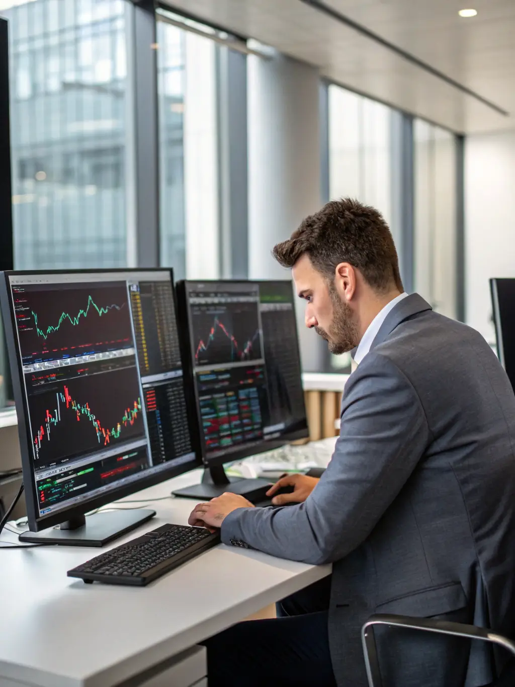 A professional investor analyzing stock charts and market data on a computer screen in a modern office setting, representing a growth investing strategy.