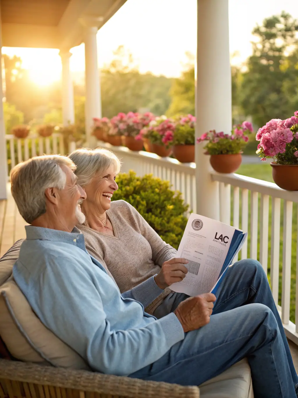 A senior couple smiling and relaxed, enjoying their retirement while reviewing their investment portfolio on a tablet, with a scenic view in the background.