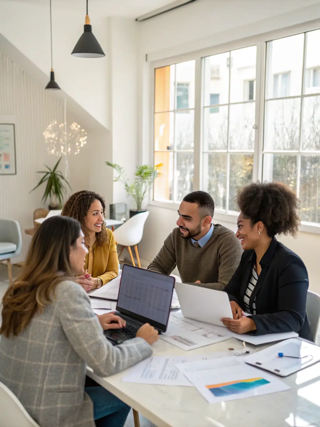 A diverse group of business professionals collaborating around a table, reviewing financial reports and discussing growth strategies in a bright, modern office.