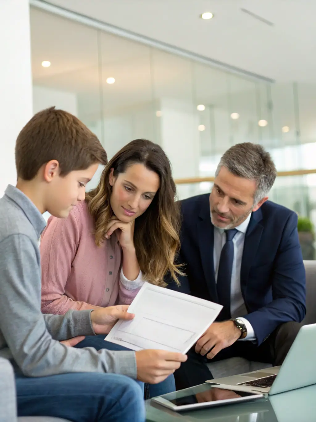 A professional advisor in a suit, sitting across a table from a young family, discussing financial plans with a friendly and reassuring demeanor, in a modern office setting.